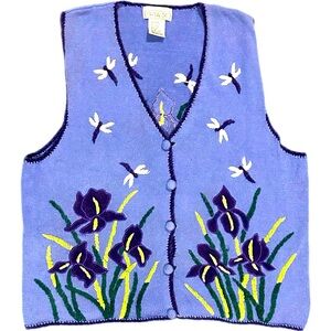 Vintage Mandal Bay Floral Embroidered Sweater Vest - Blue  XL